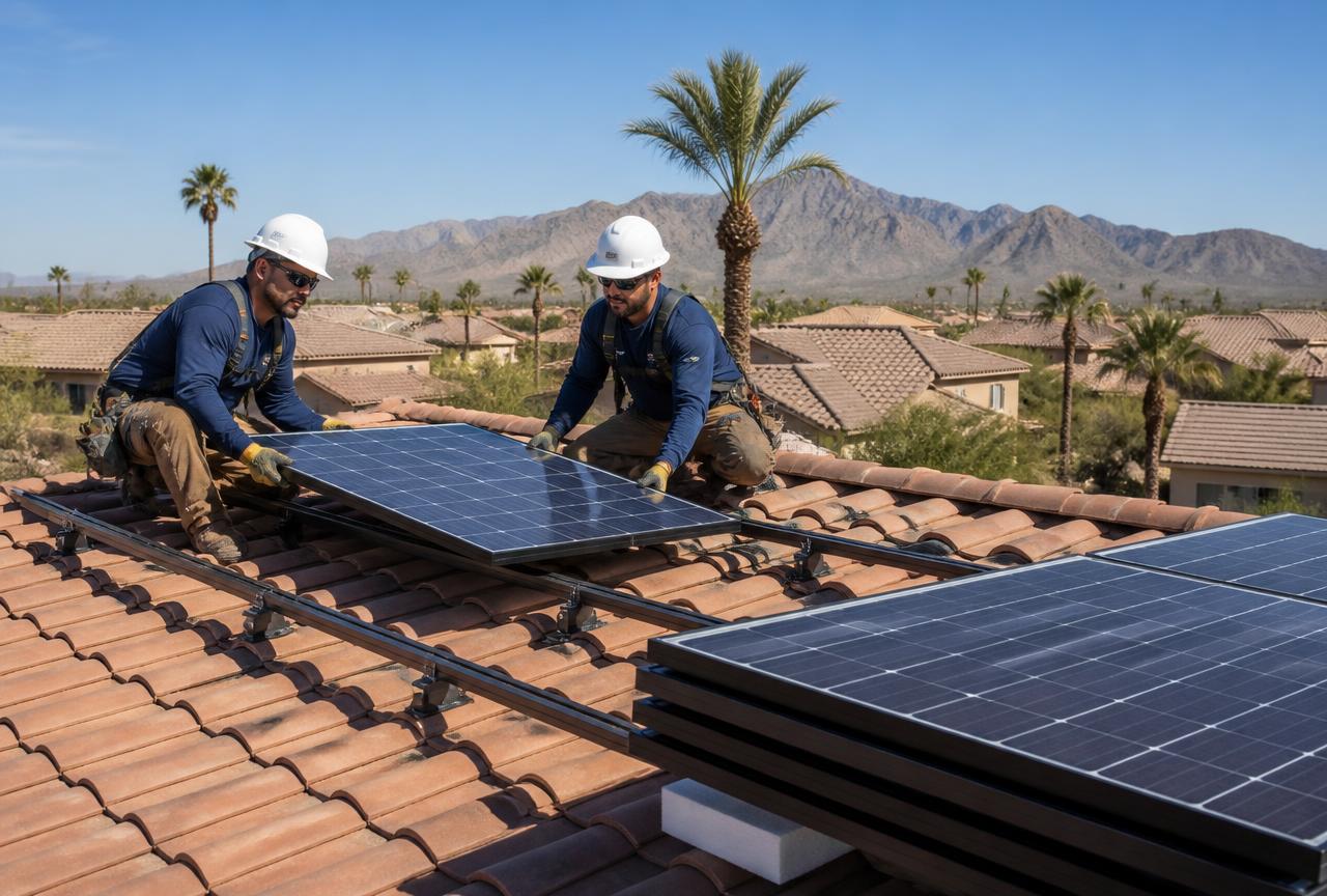 Crew removing solar panels from a red clay tile roof on an Arcadia ranch home in Phoenix, Arizona