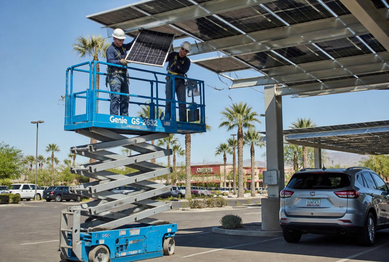 Solar carport array over a commercial parking lot in Glendale, Arizona with a lift removing panels