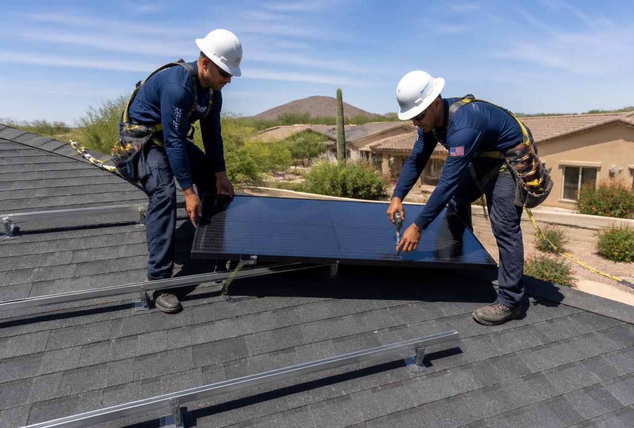 Technician reinstalling solar panels on a new asphalt shingle roof in Desert Ridge, Phoenix, Arizona