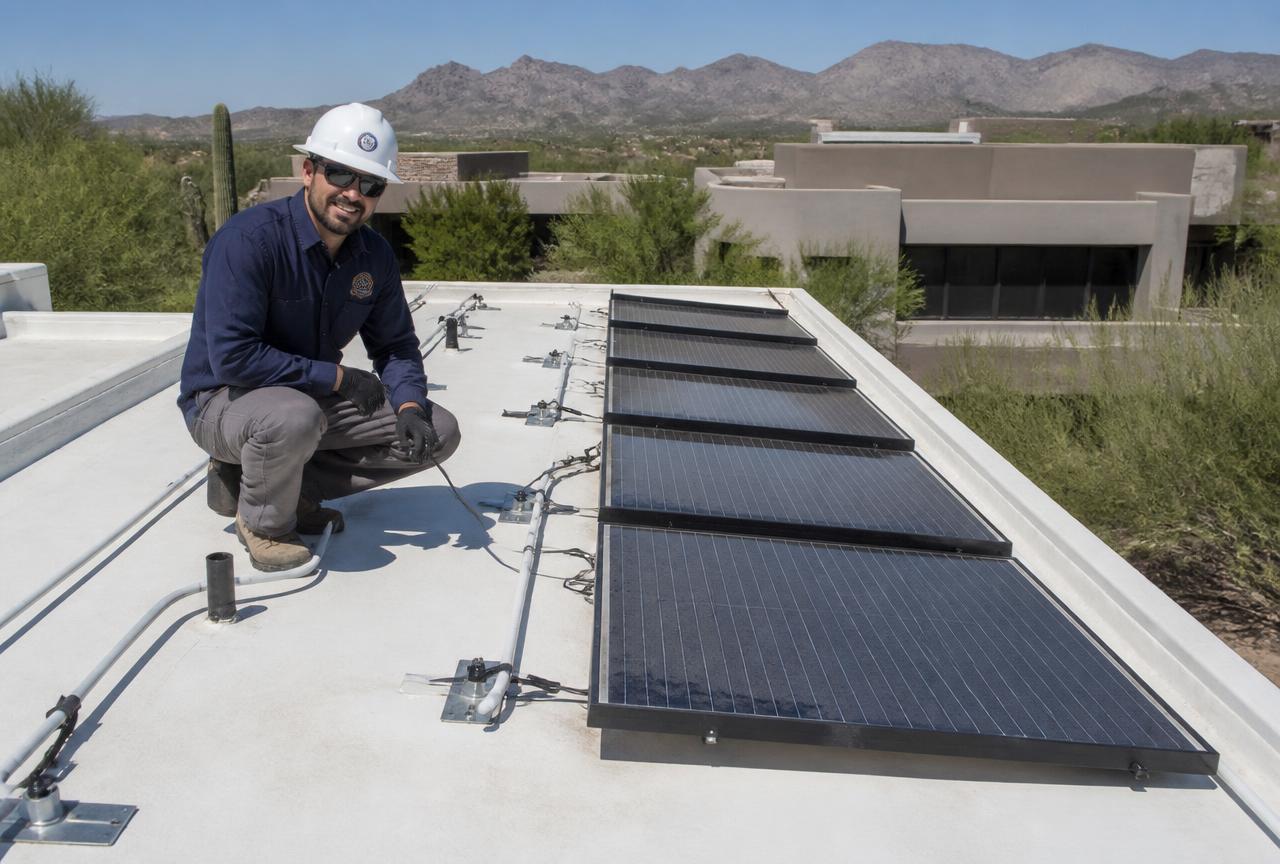 Solar array on a flat foam roof section of a Scottsdale home with desert mountains behind it