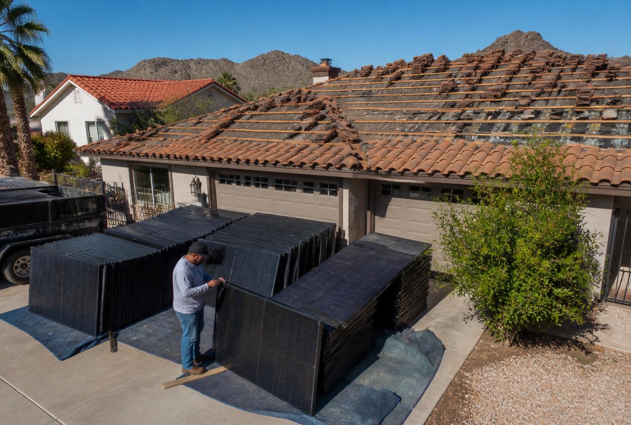 Concrete tile re-roof in progress in Chandler, Arizona with solar panels stacked and wrapped in the driveway