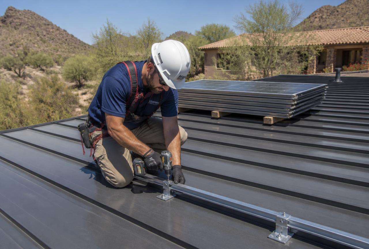 Two technicians labeling and coiling solar wiring on a tile rooftop in Gilbert, Arizona