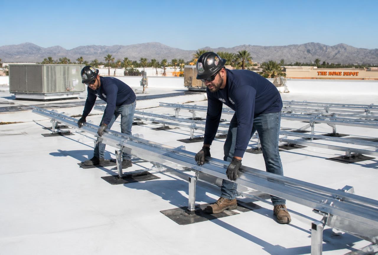 Crew member torquing rail bolts on solar panels being reset on a new white TPO roof in Peoria, Arizona
