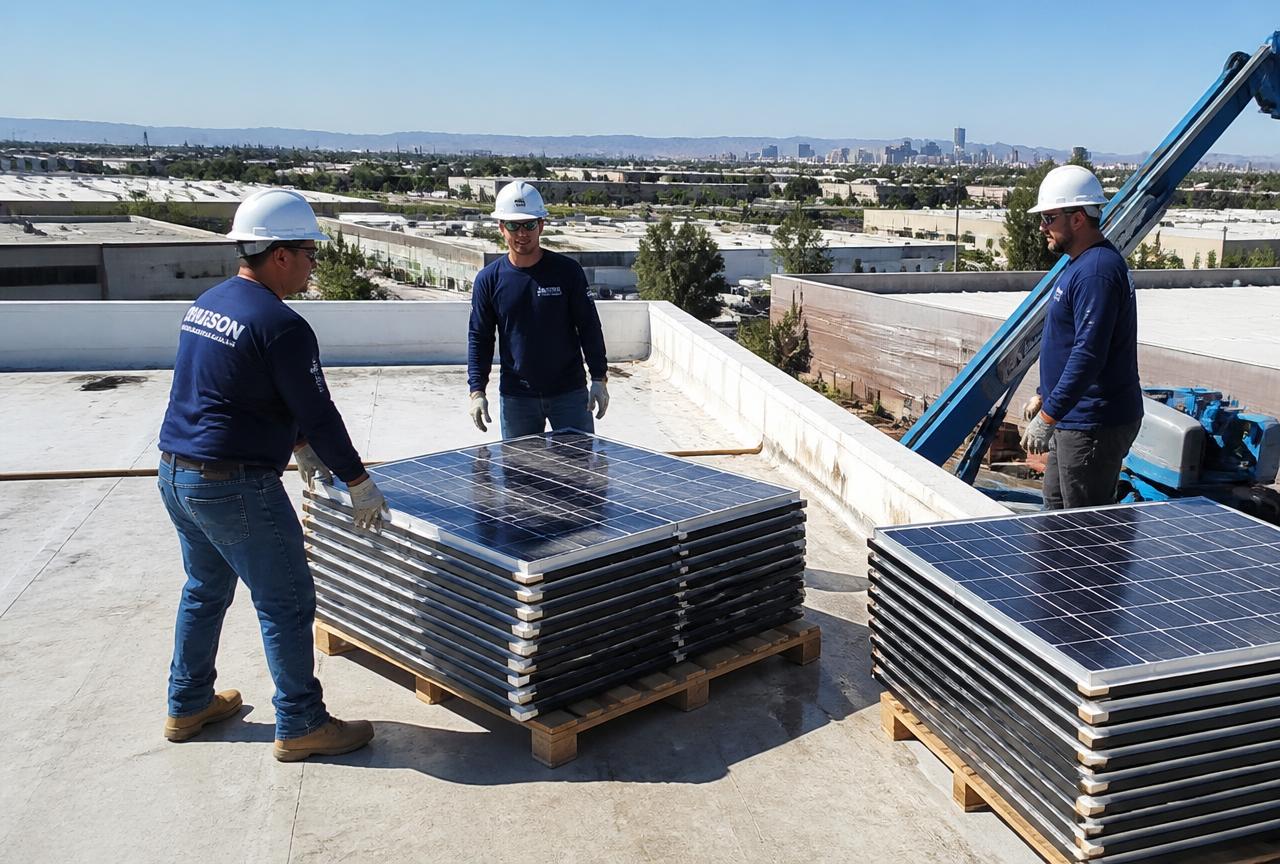 Crew removing rows of solar panels from a large commercial TPO flat roof in Tempe, Arizona